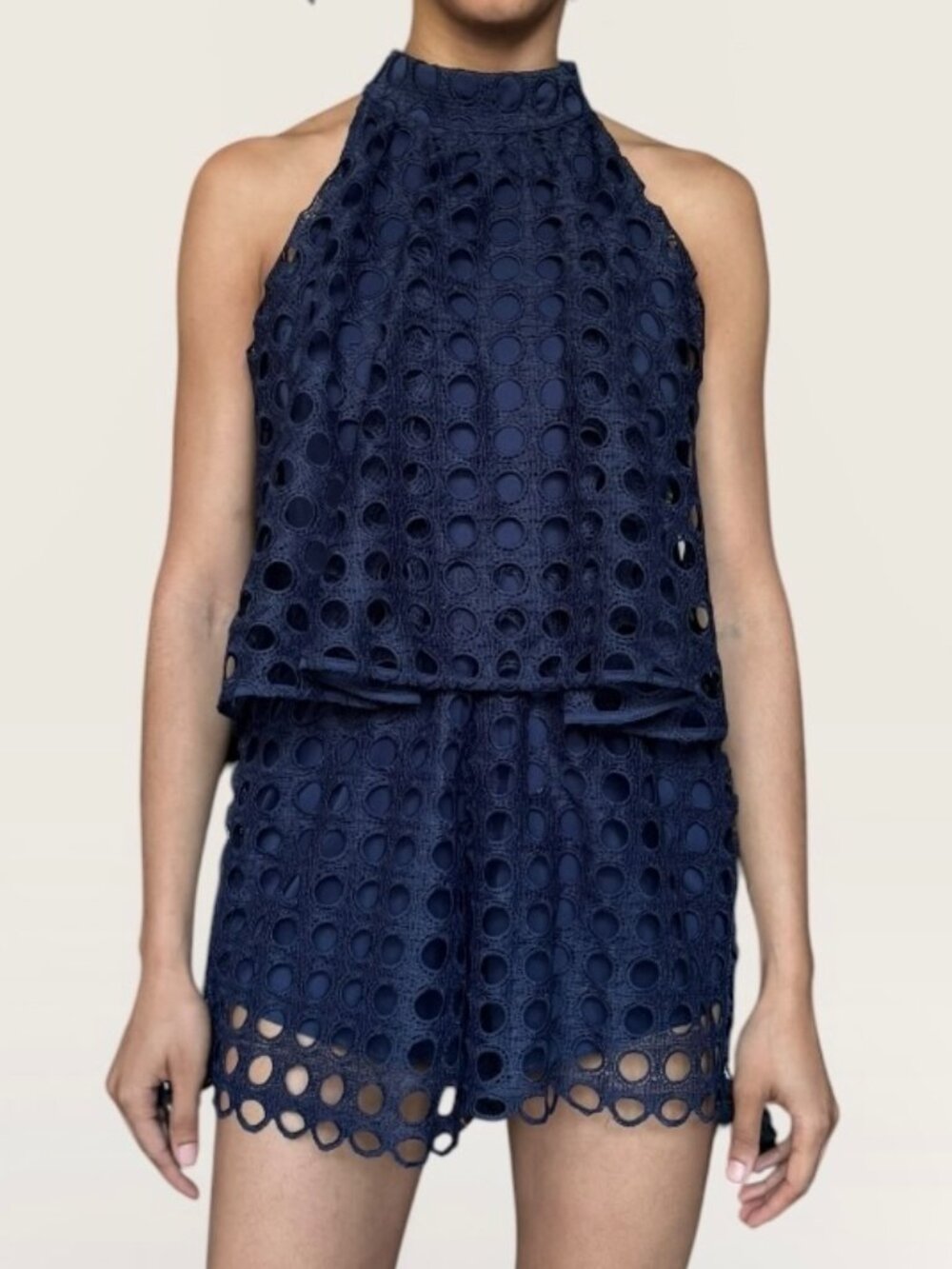 Romeo & Juliet Couture Navy Blue Preppy Eyelet Halter Romper Small